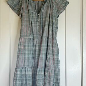 LOFT Petite Plaid Tie Neck Tired Swing Dress - MP